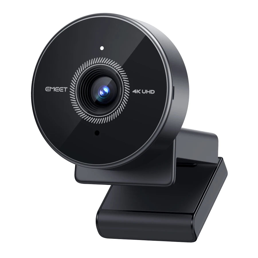 A black 4K UHD webcam with a lens and mounting base.