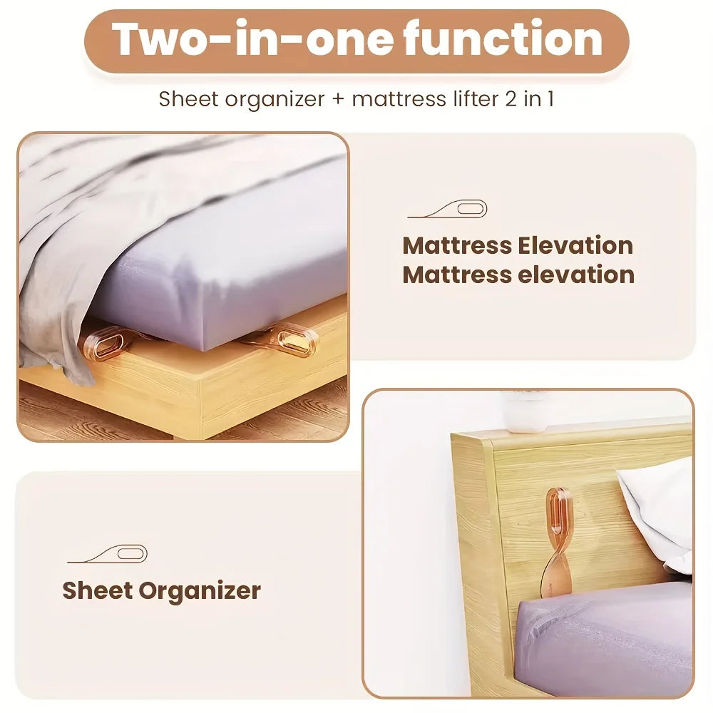 Two-in-one sheet organizer and mattress lifter tool used for easy bed sheet changes.