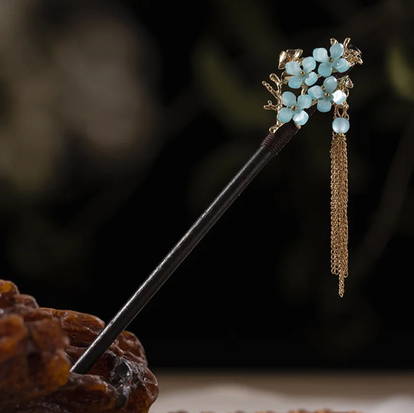 Handcrafted Wooden Hairpin with Flower Tassel