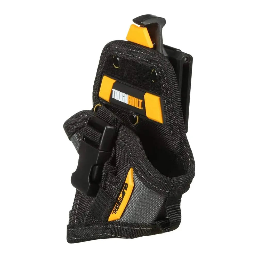 A black compact drill holster with an orange clip and bit pockets.