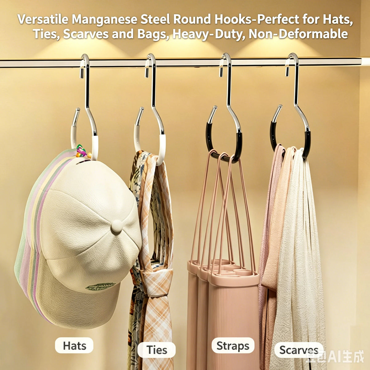 Versatile manganese steel round hooks hanging hats, ties, scarves, and bags on a clothesline
