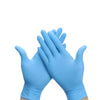A pair of light blue disposable nitrile gloves shown with fingers clasped together.