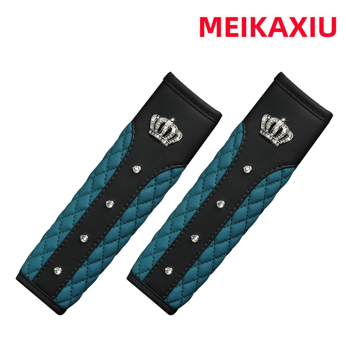 Black and teal quilted car seat cover featuring an embroidered crown design with crystal rhinestones