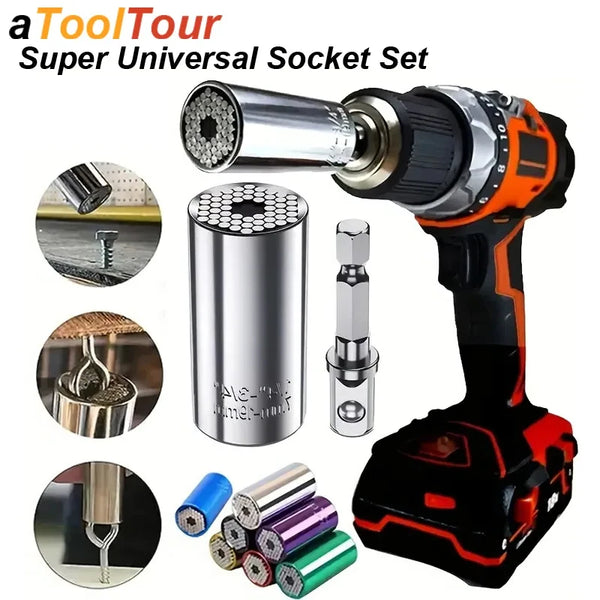 Jeu d'embouts universels ToolTour avec adaptateur perceuse et diverses clés.