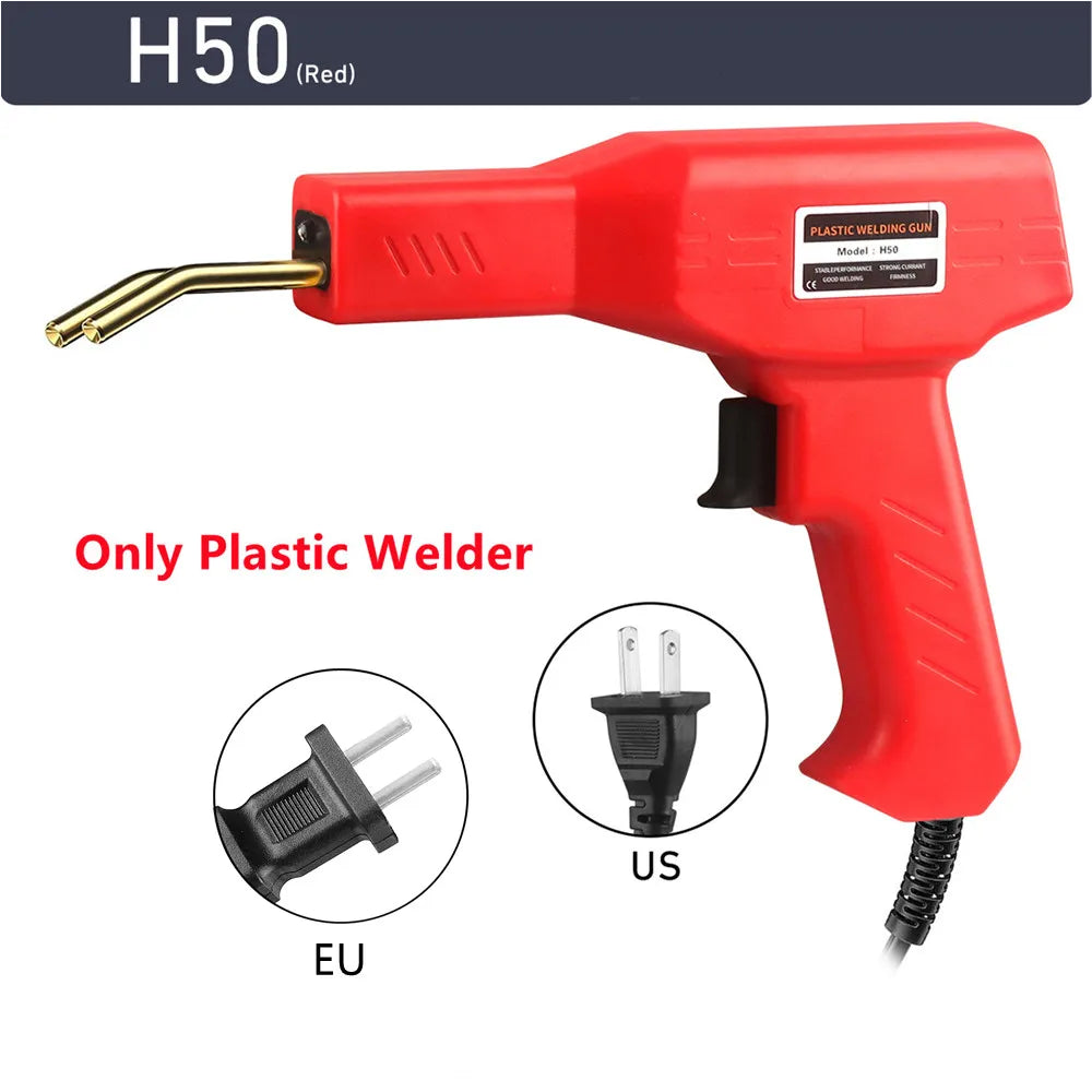 Red H50 plastic welding gun with a nozzle and power cord for plastic repair