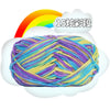 A ball of multi-colored milk cotton blend yarn with purple, blue, yellow, and green strands, displayed against a white cloud 