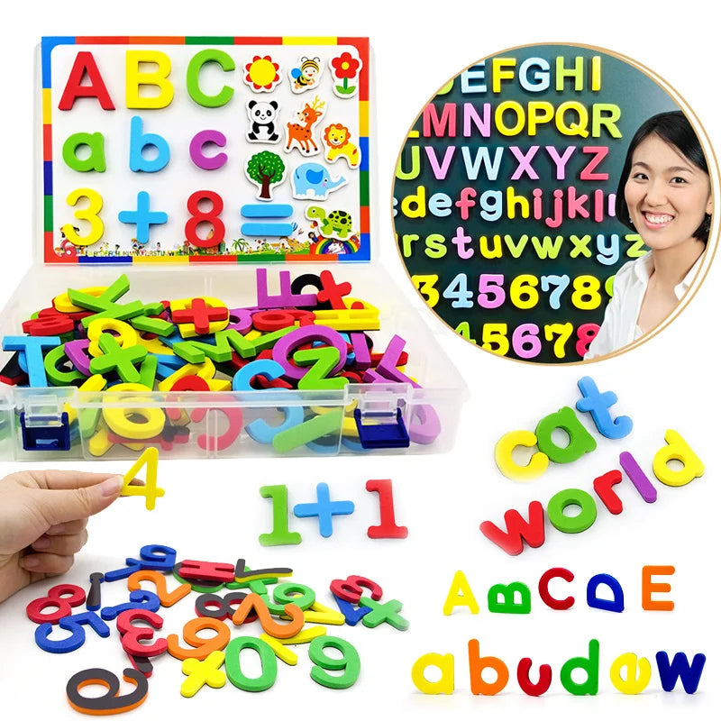 A magnetic alphabet learning set featuring letters, numbers, and words for educational play.