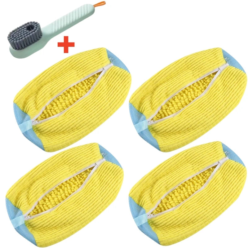 Yellow shoe washing machine bag with a soft bristled cleaning brush set
