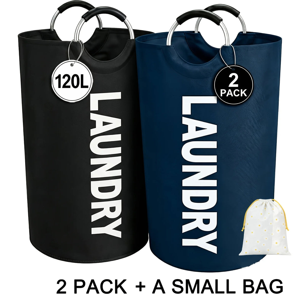 Two black laundry hampers with hanging rods and a small white bag