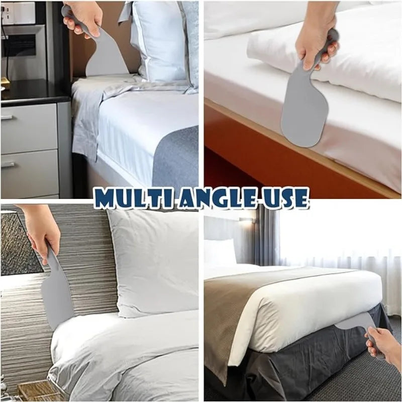 A multi-angle bed sheet tucking tool is shown being used to organize and tuck sheets on a bed.