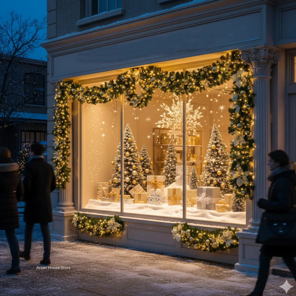 A display of gold and white Christmas garlands and trees in a storefront window decorated with twinkling lights.