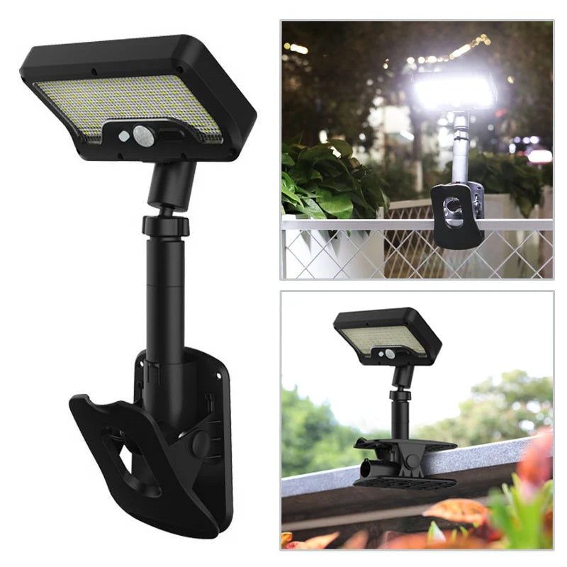 A black solar-powered motion sensor outdoor light fixture mounted on a wall or ledge.