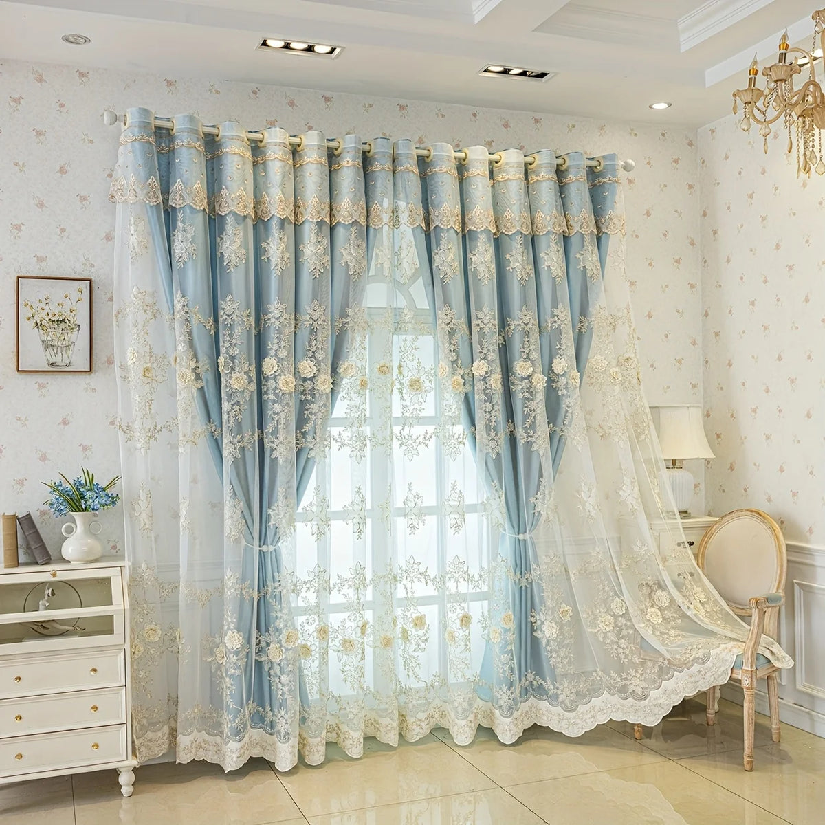 Embroidered Floral Blackout Curtain, Double Layer Sun Protection for Bedroom & Living Room