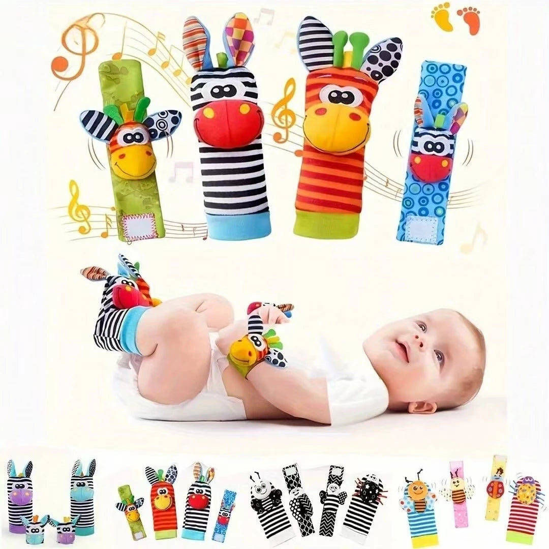 A set of colorful baby rattle socks and teether booties with various sensory toys for infants.