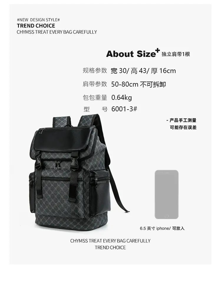 Black PU leather backpack with a checkered pattern shown from the back.