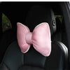 Pink silky bow car headrest pillow with white trim and waist cushion set