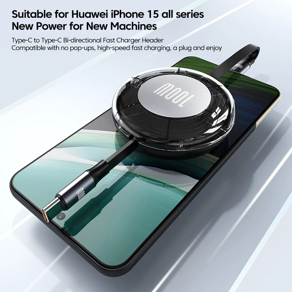 A black Mool fast charging adapter and cable shown connected to a Huawei iPhone 15 smartphone.