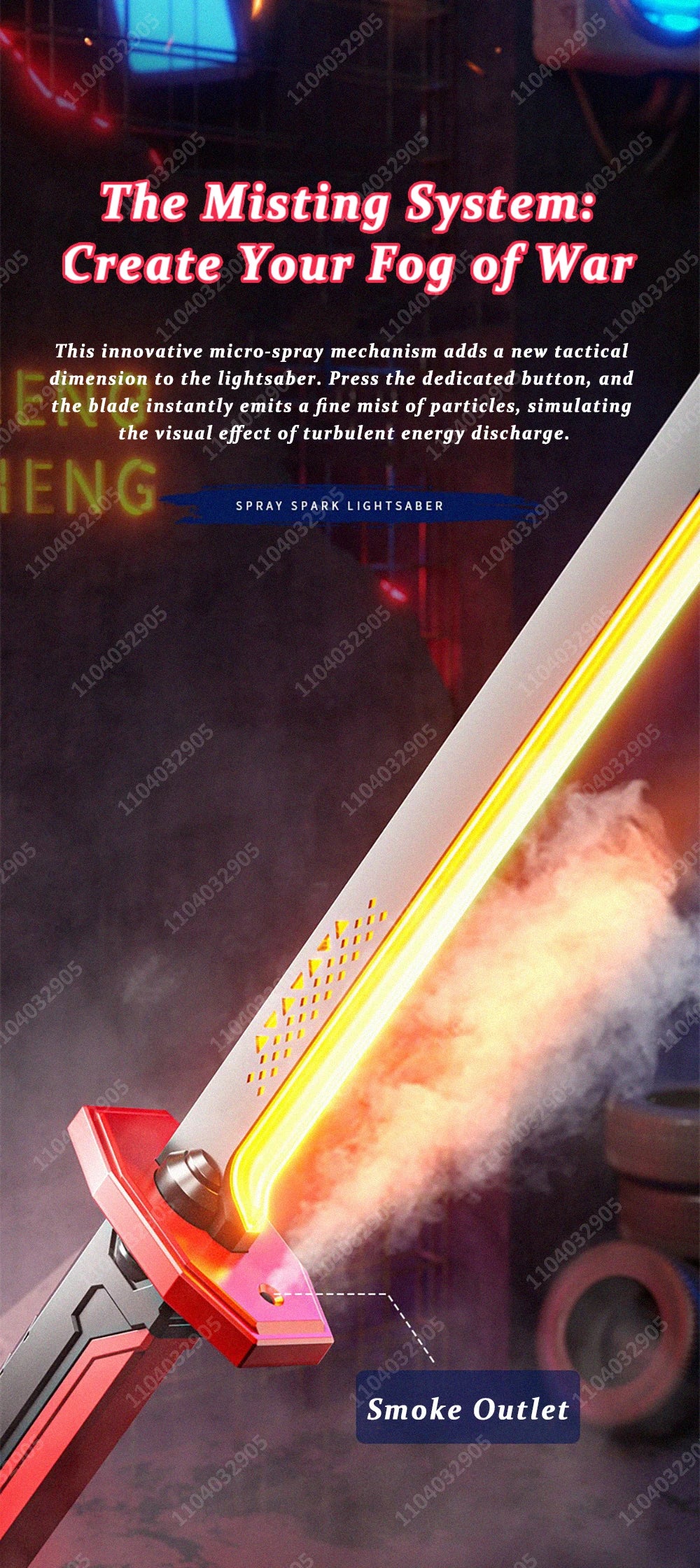 A close-up of a glowing sword with a yellow light emitting particles and smoke effects.