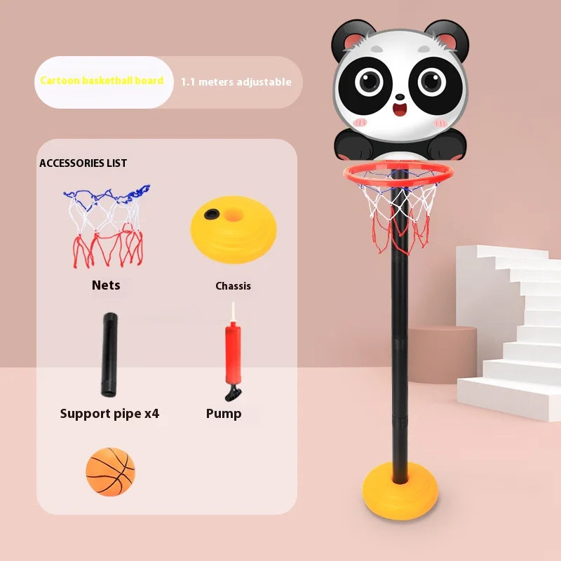 A black adjustable basketball hoop with a panda head design and various accessories like nets, chassis, support pipes, and a 