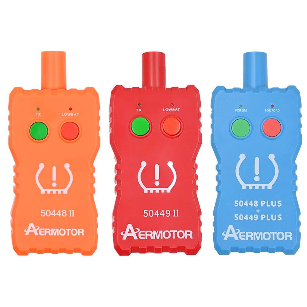 Three versions of a 2-in-1 TPMS relearn tool in orange, red, and blue for GM, Ford, and Lincoln vehicles