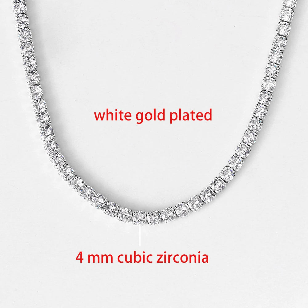 A close-up of a white gold plated iced-out tennis choker necklace featuring 4mm cubic zirconia stones.