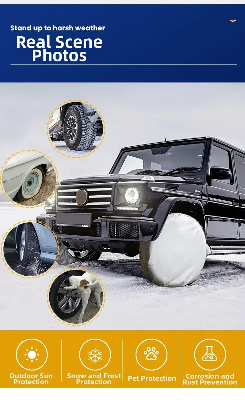 A black truck is shown with various tire covers and protection features for harsh weather conditions.