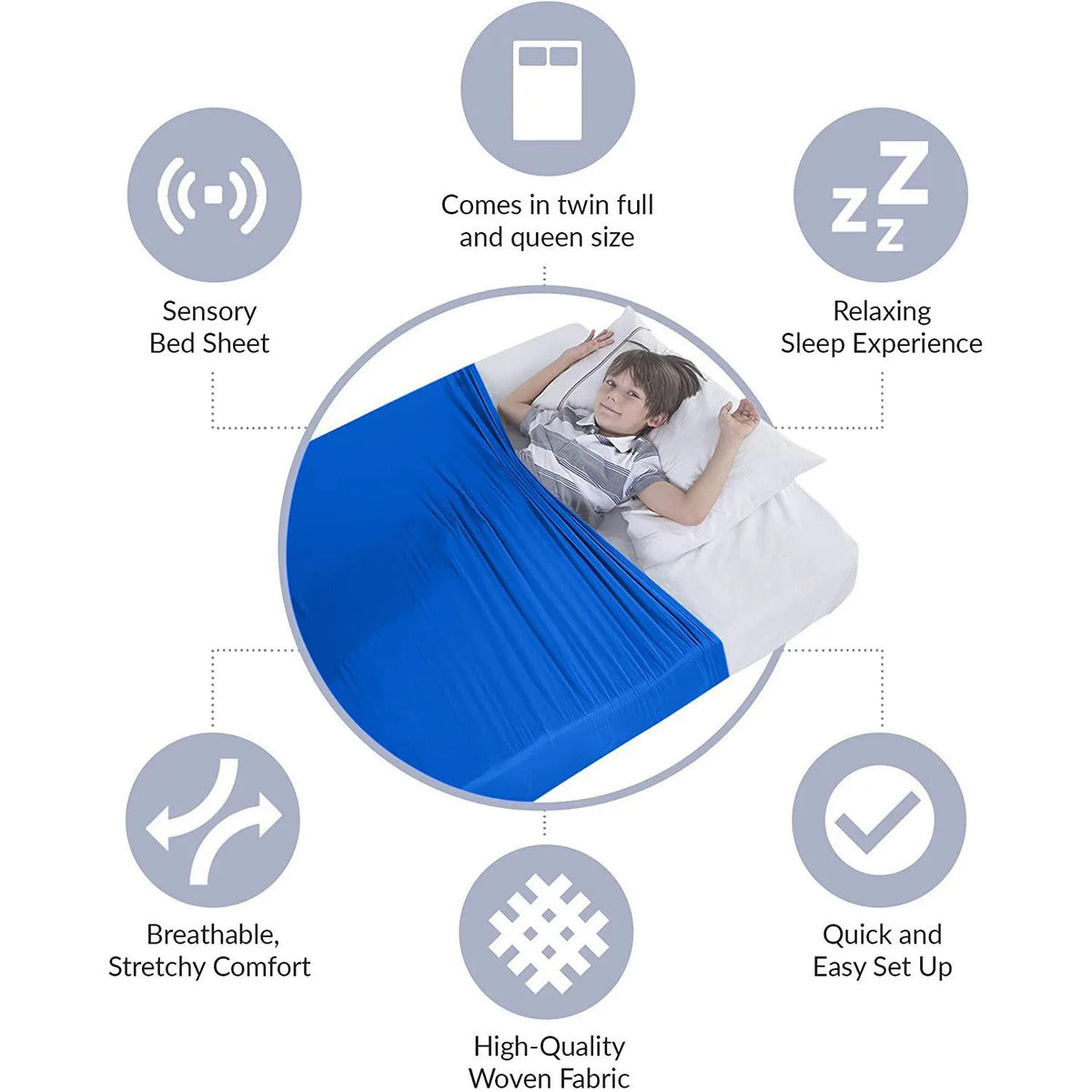 A blue sensory bed sheet is shown being used for a relaxing sleep experience, highlighting its breathable, stretchy comfort a