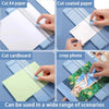 A set of tools showing different paper types including A4 paper, coated paper, cardboard, and a crop photo being trimmed.