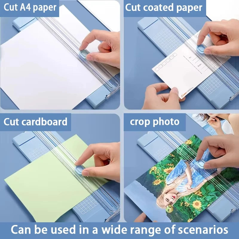 A set of tools showing different paper types including A4 paper, coated paper, cardboard, and a crop photo being trimmed.