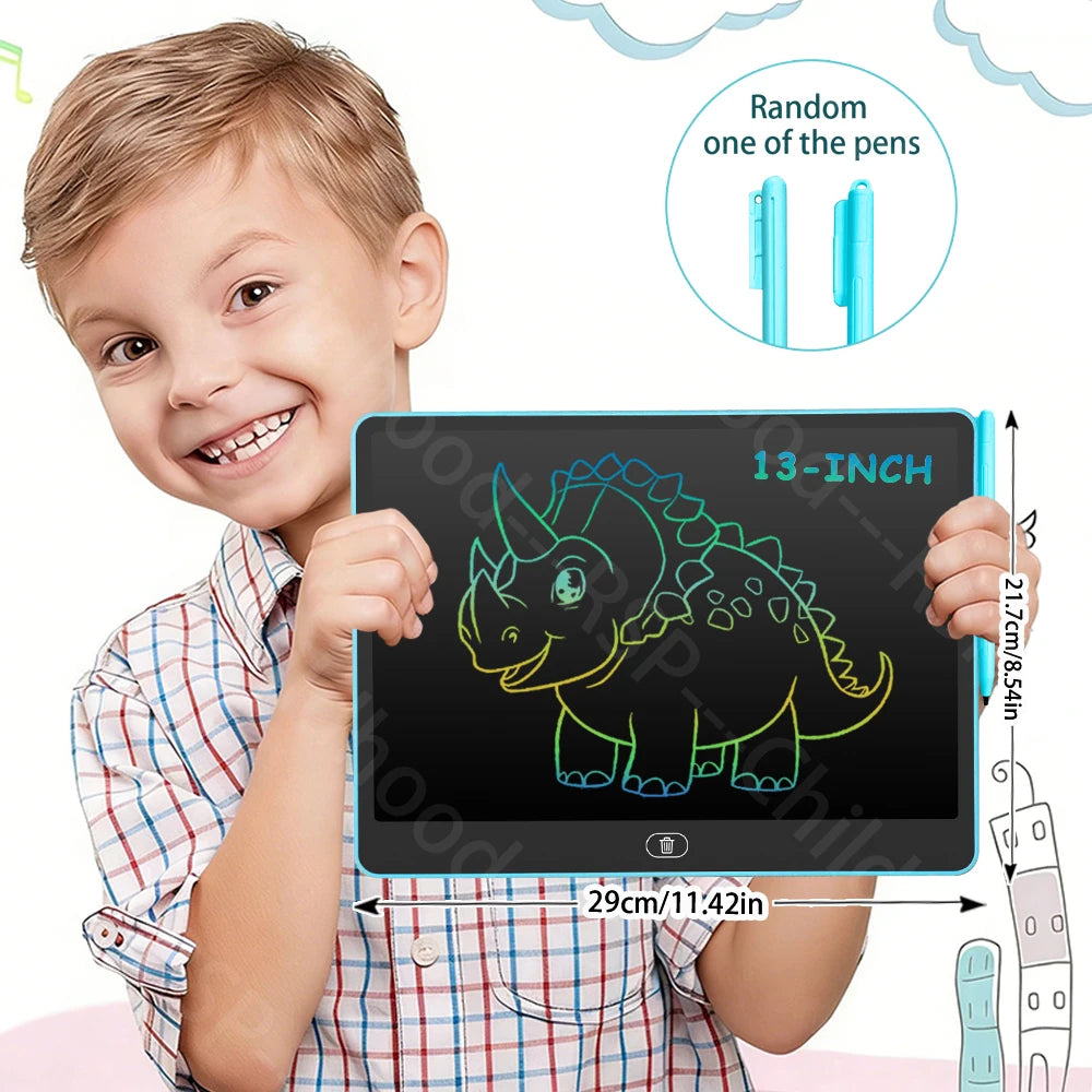 A smiling boy holds a 13-inch LCD writing tablet with a stylus pen, showing a dinosaur doodle on the screen.