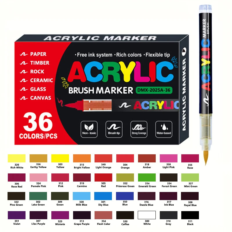 A set of 168 color acrylic brush marker pens packaged in a box with various colors and tips.