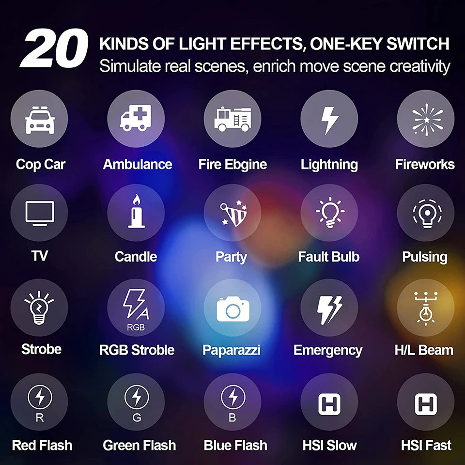 A grid display of 20 light effects, including icons for vehicles, fire, lightning, and various flash modes.