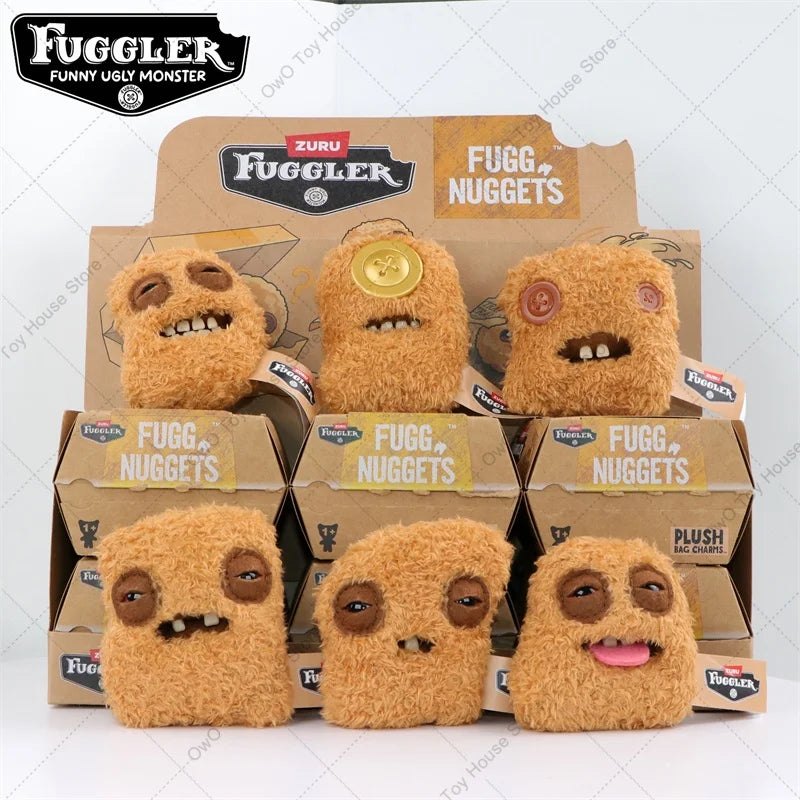 A collection of Fuggler nuggets plush toys in various shades of brown and gold packaging.