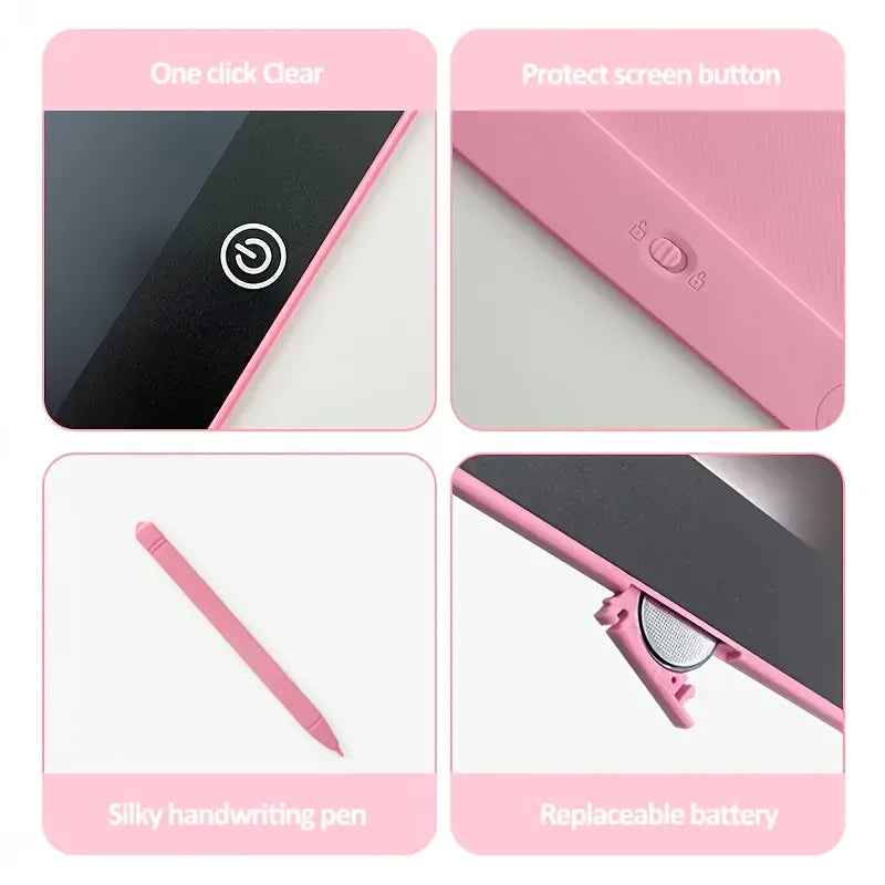 A pink LCD writing tablet is shown with features including a clear button, a protect screen button, a silky handwriting pen, 