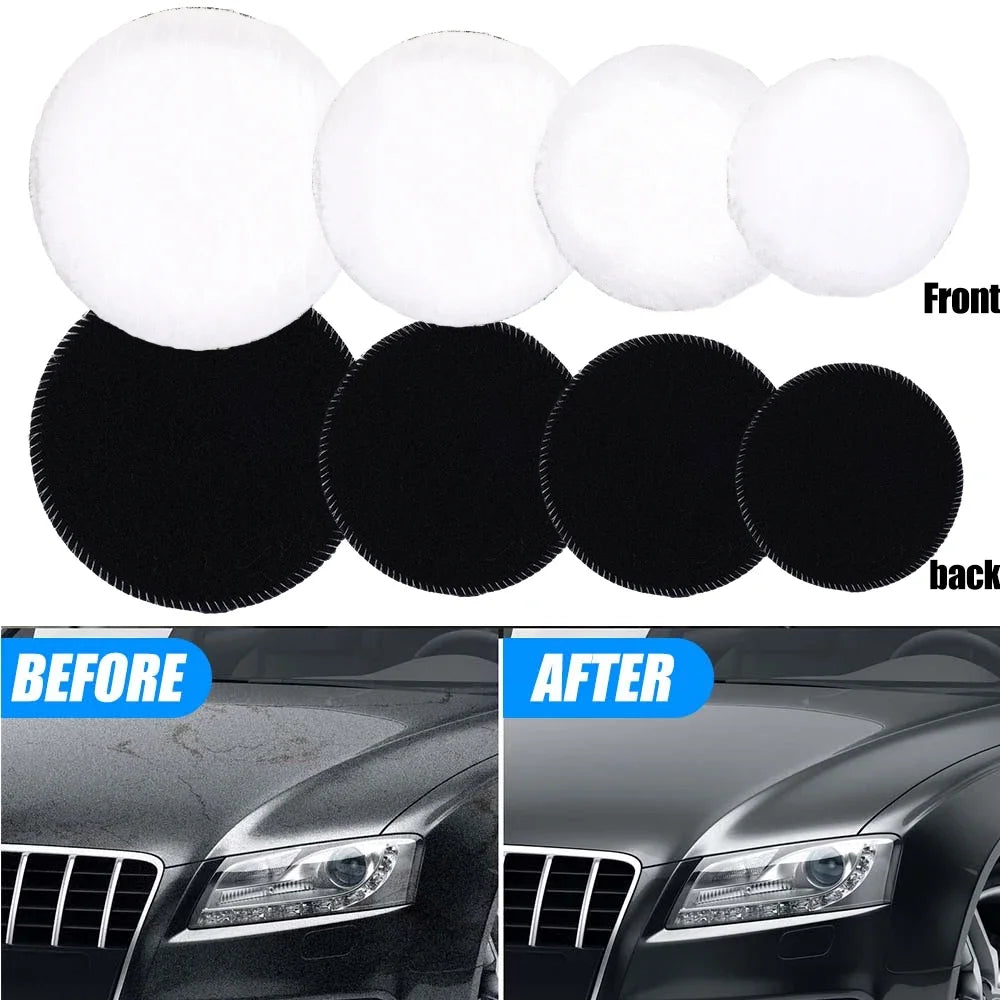 A set of black and white car polishing pads with wool discs shown before and after application on a car's headlight.