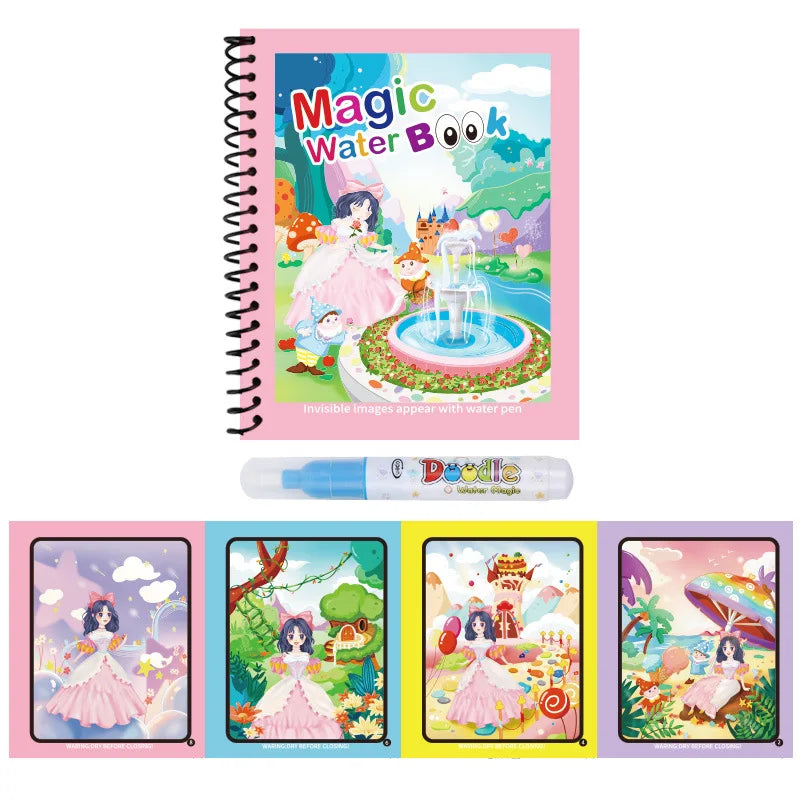 A pink spiral notebook titled Magic Water Book featuring illustrations of magical scenes and a water pen.