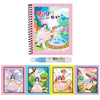 A pink spiral notebook titled Magic Water Book featuring illustrations of magical scenes and a clear pen.