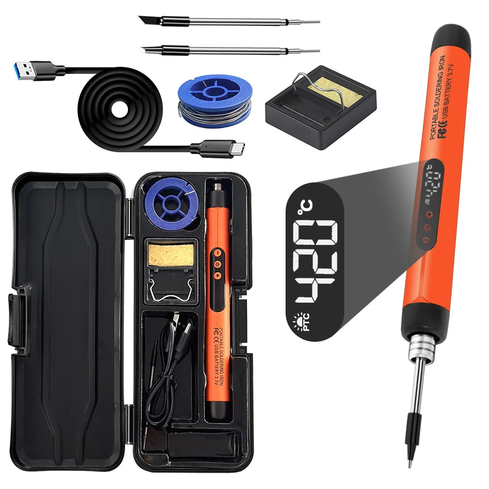A portable USB-C rechargeable soldering iron kit including the iron, tip, cable, and storage case.