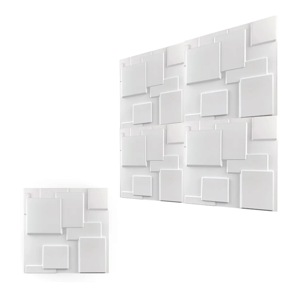 A close-up view of white 3D diamond textured wall panels arranged in a modern geometric pattern.