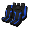A set of four black car seat covers with blue accents shown in a row.