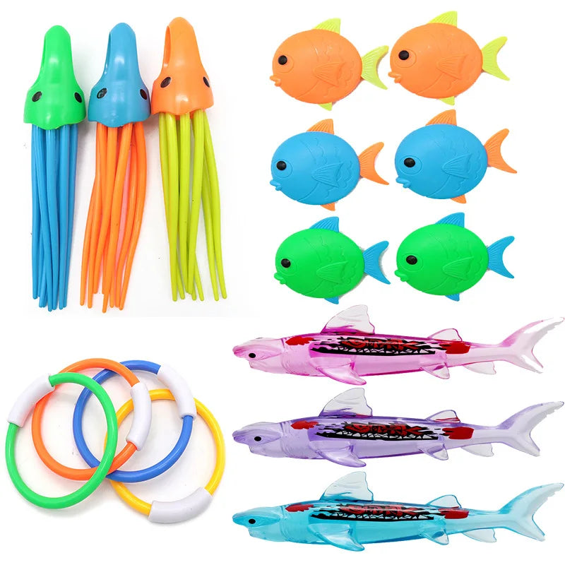 A collection of various colorful pool dive and grab water sports toys for children.