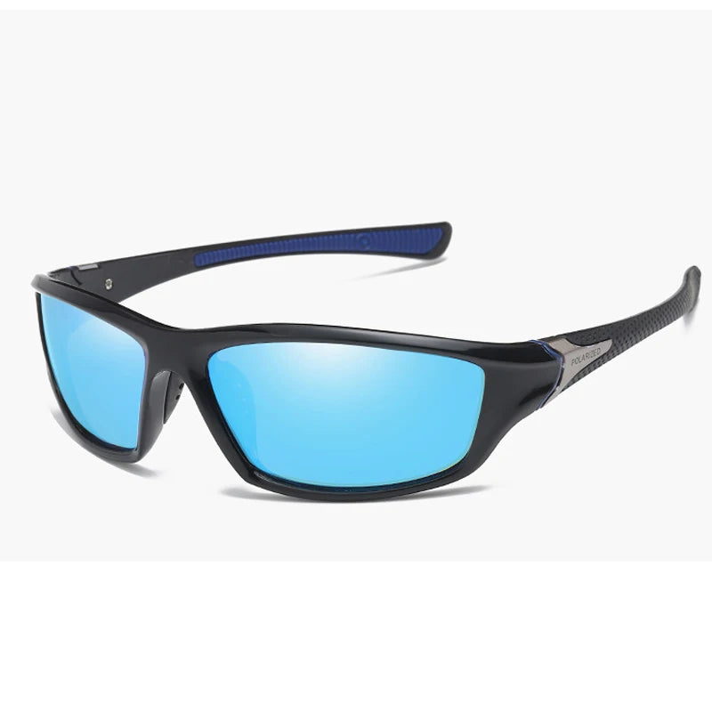 Black polarized sports sunglasses with blue mirrored lenses and a blue adjustable strap.