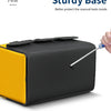 A black tool bag with a yellow accent is shown being opened by a metal tool.