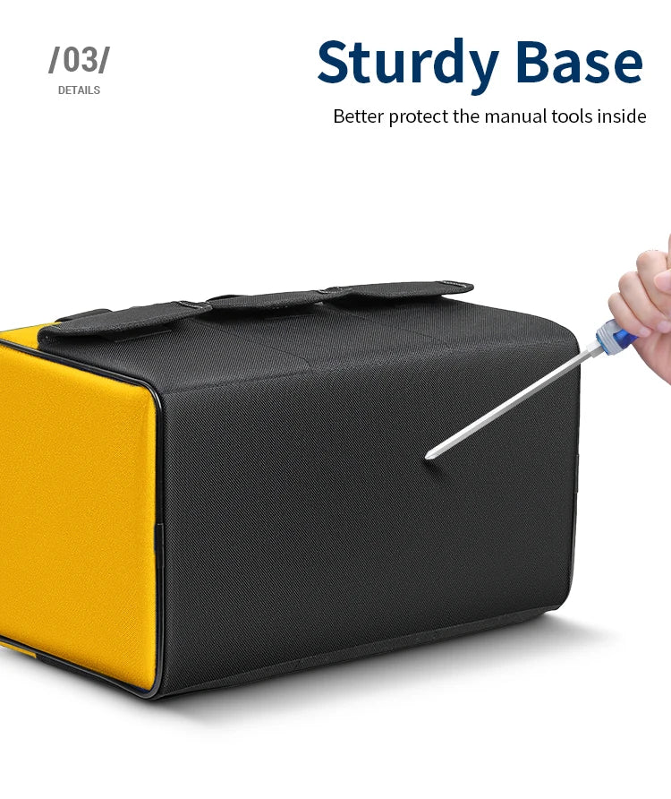 A black tool bag with a yellow accent is shown being opened by a metal tool.