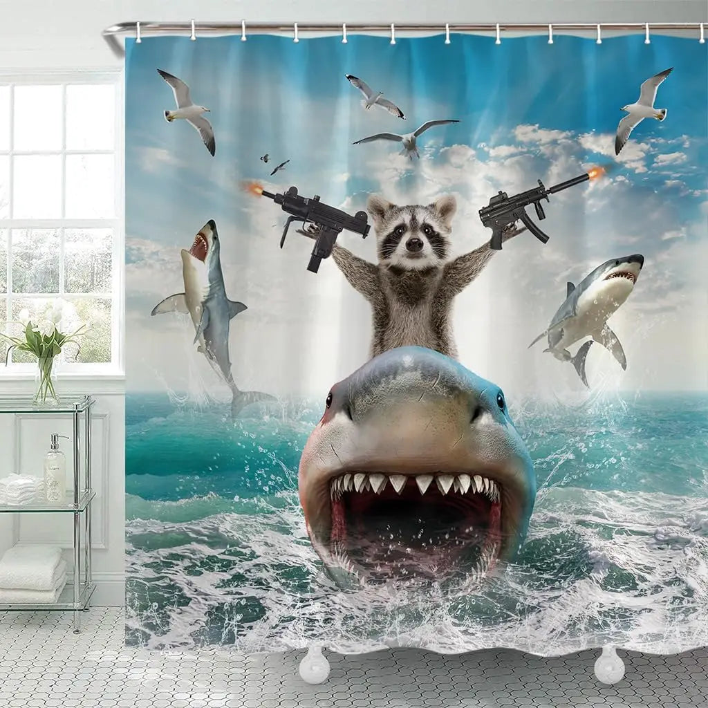 A shower curtain featuring a playful raccoon riding a shark amidst flying birds and waves.