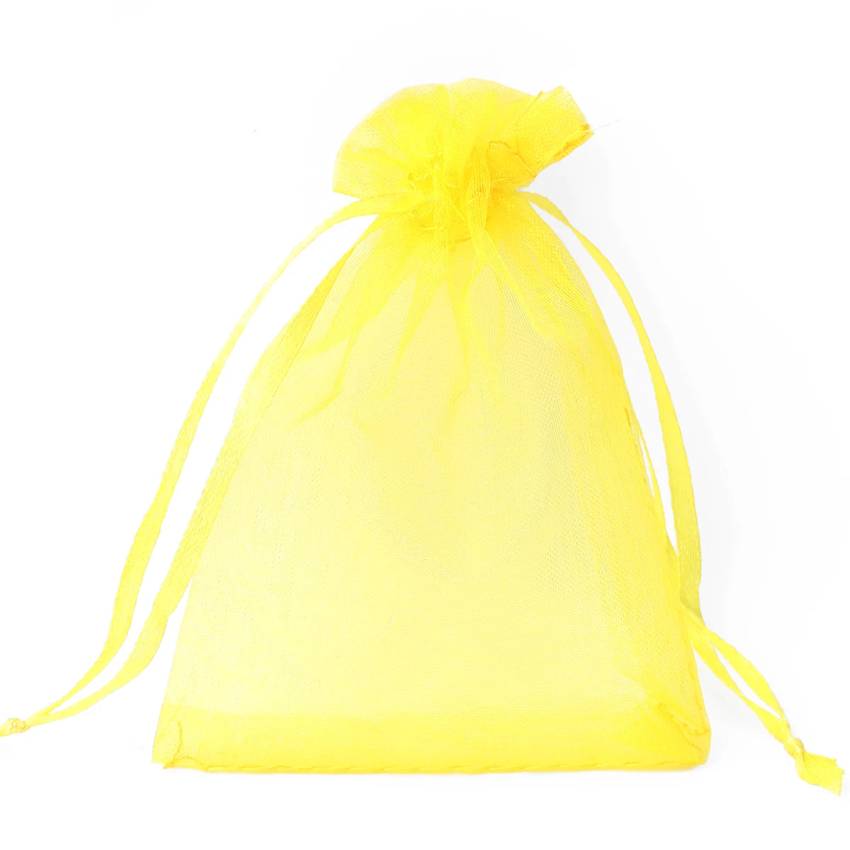 A bright yellow organza drawstring gift bag with long ties.