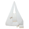 White retractable keychain tote bag folded into a compact pouch for on-the-go use