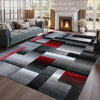 Abstract geometric anti-slip area rug featuring a pattern of black, gray, white, and red squares.