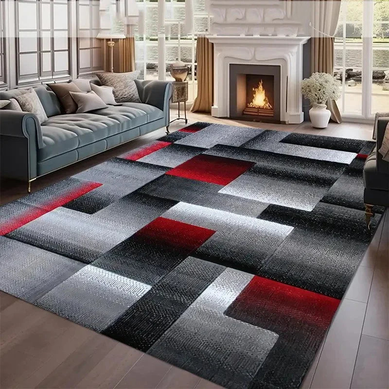 Abstract geometric anti-slip area rug featuring a pattern of black, gray, white, and red squares.