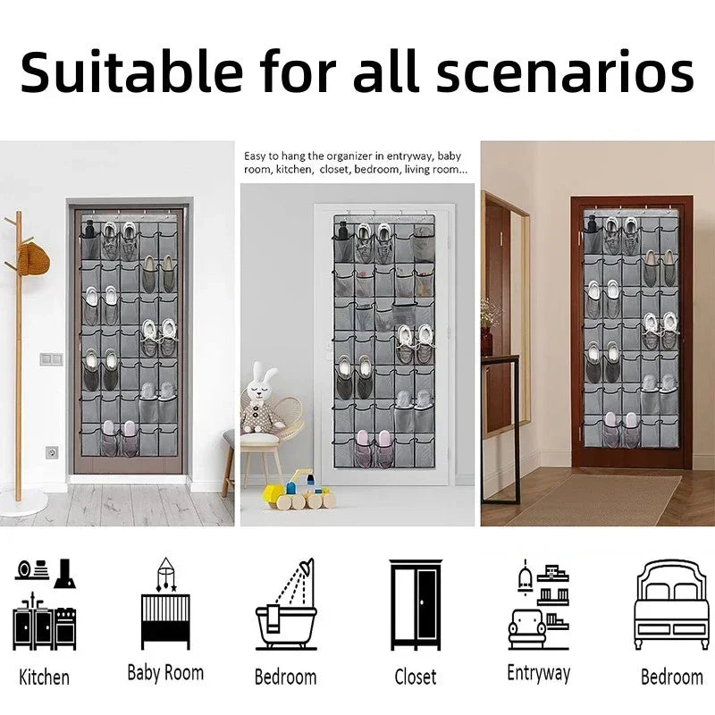 Over-the-door mesh shoe organizer with hanging pockets shown in various scenarios like entryways, kitchens, and bedrooms.